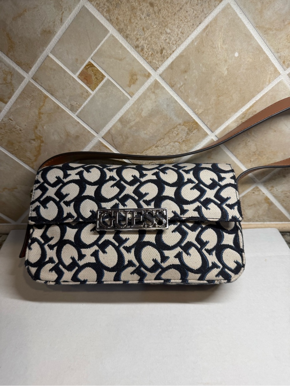 GUESS Tracie MM732018 Monogram Jacquard Shoulder Bag, Tan Navy.